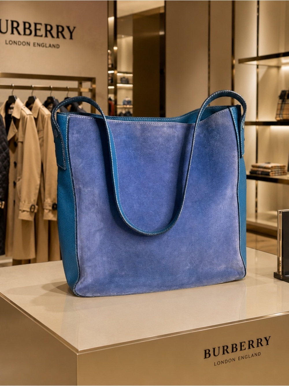 Authentic Burberry Blue Suede Leather Tote Bag